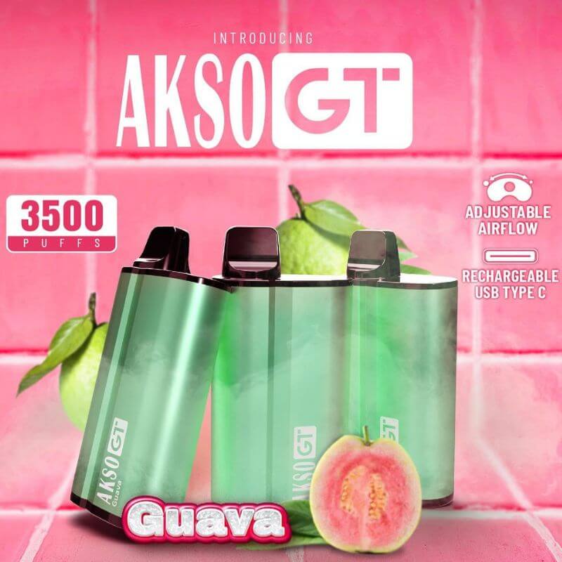 Akso GT 3500 Puffs Disposable Pod Guava Flavour on pink Gradient Background