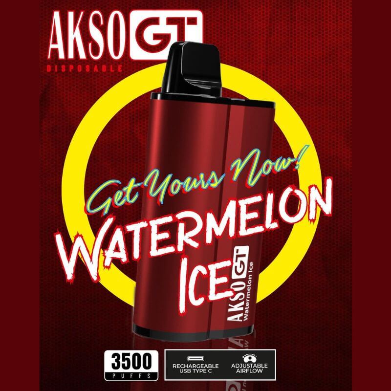 Akso GT 3500 Puffs Disposable Pod Watermelon Ice Flavour on red Gradient Background