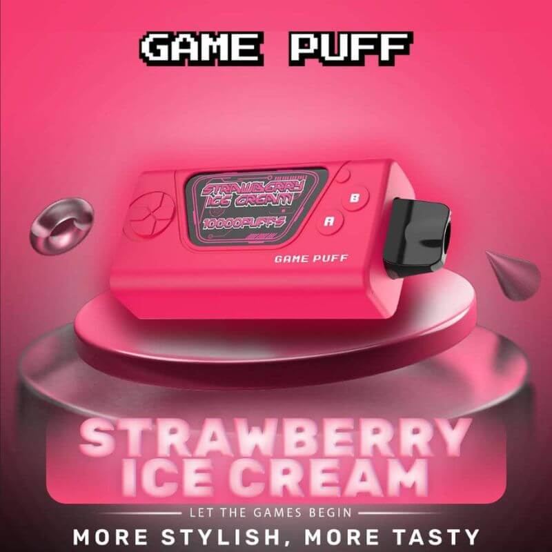 Game Puff 10000 Puffs Strawberry Ice Cream flavor on a red gradient background