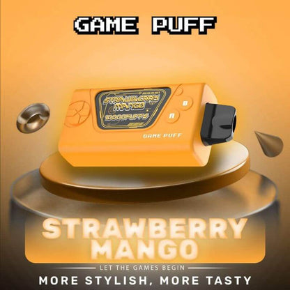 Game Puff 10000 Puffs Strawberry Mango flavor on a orange gradient background