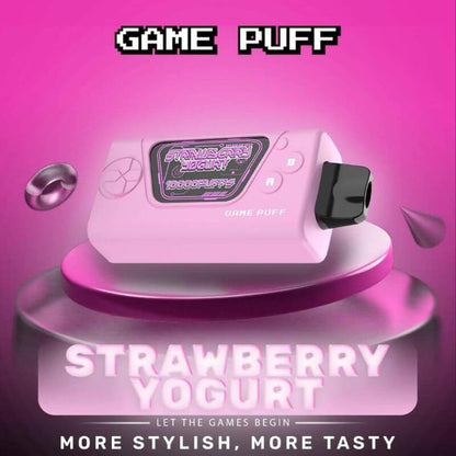 Game Puff 10000 Puffs Strawberry Yogurt flavor on a purple gradient background