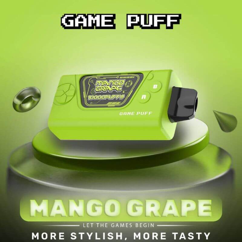 Game Puff 10000 Puffs Mango Grape flavor on a green gradient background