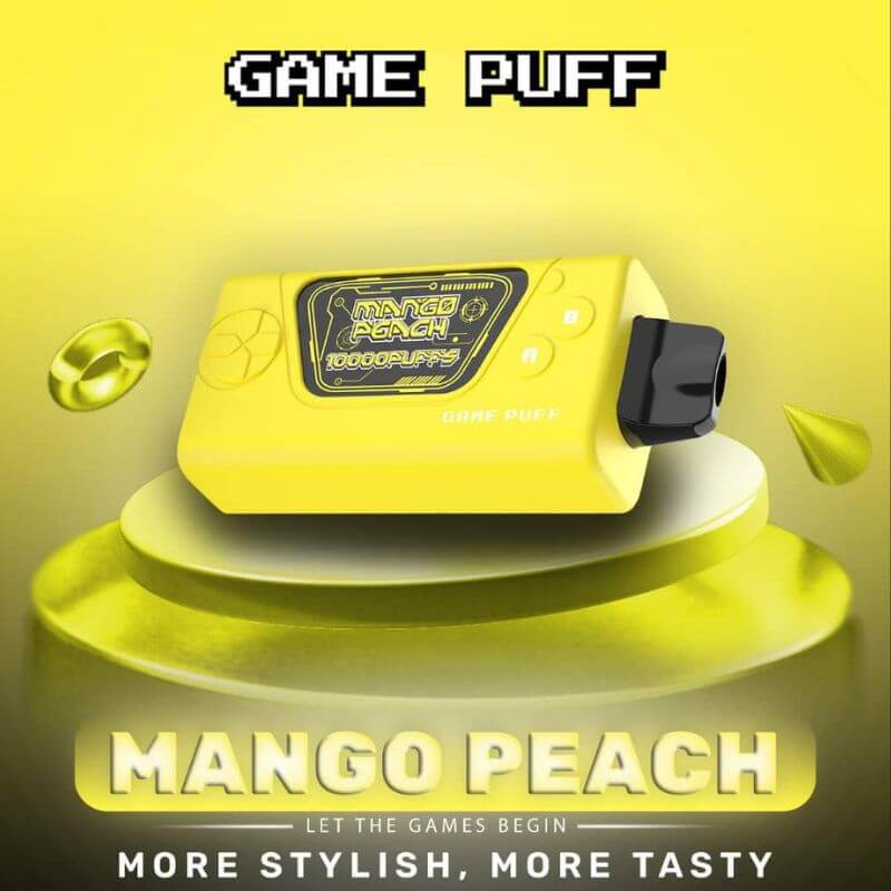Game Puff 10000 Puffs Mango Peach flavor on a gradient yellow background
