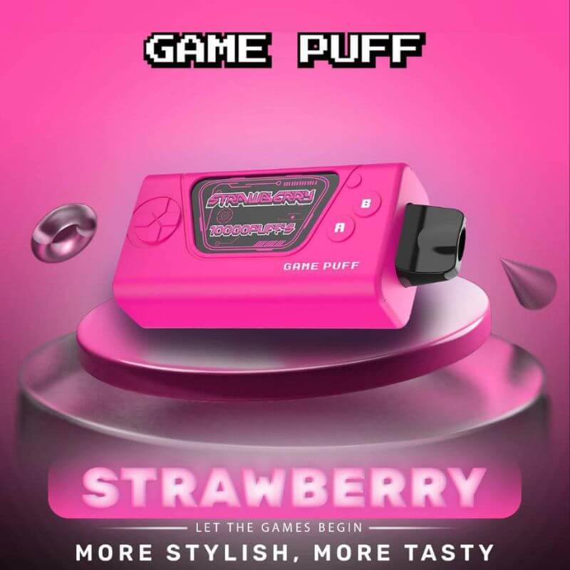 Game Puff 10000 Puffs Strawberry Yogurt flavor on a purple gradient background
