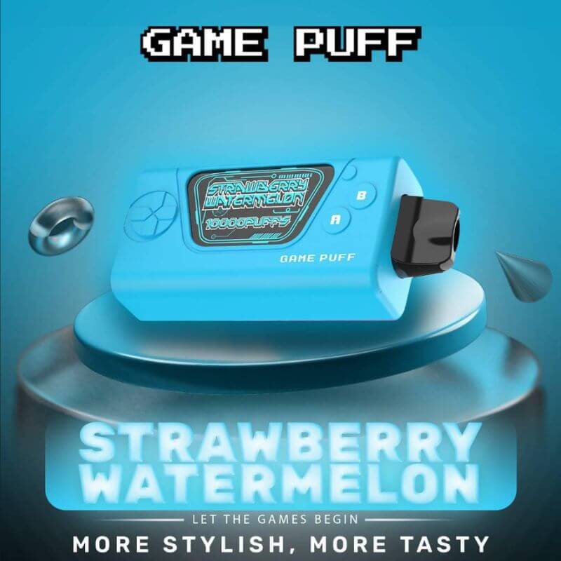 Game Puff 10000 Puffs Strawberry Watermelon flavor on a blue gradient background