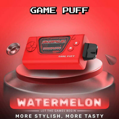 Game Puff 10000 Puffs Watermelon flavor on a red gradient background