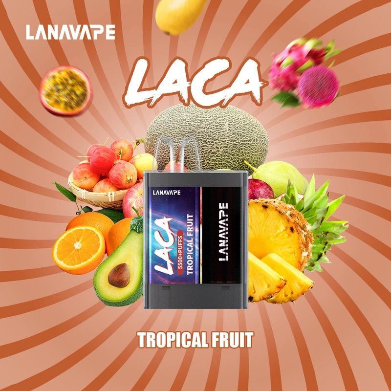 Lana Laca 5500 Puffs Tropical Fruit flavor on a brown gradient color background