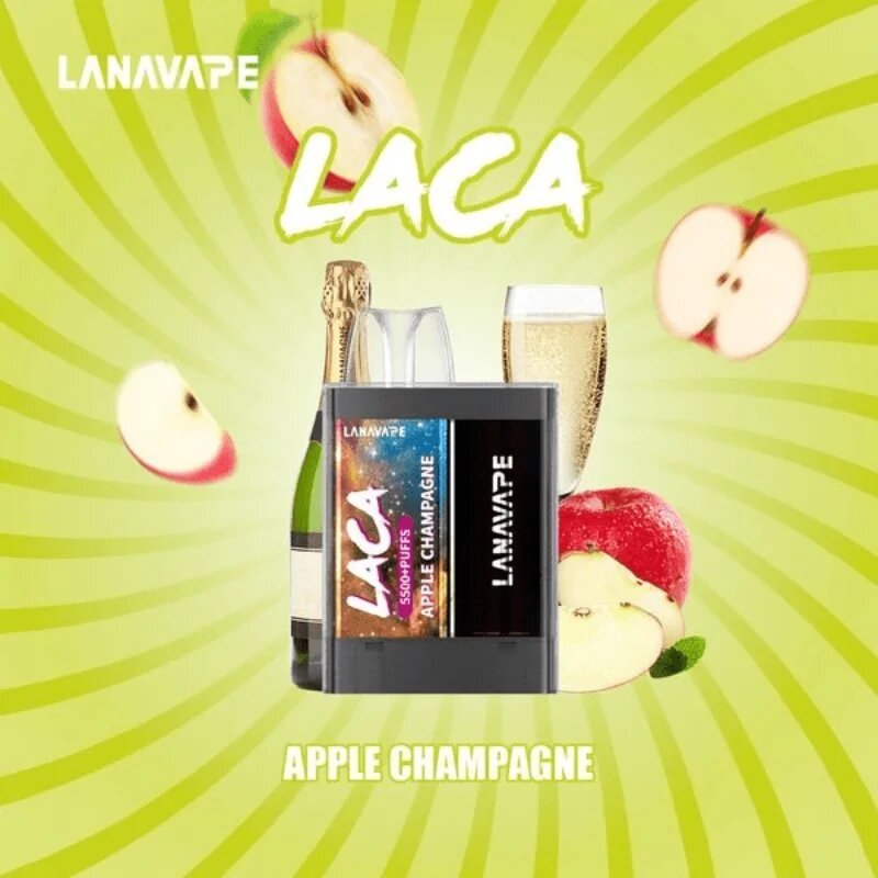 Lana Laca 5500 Puffs Apple Champagne flavor on a yellow gradient color background