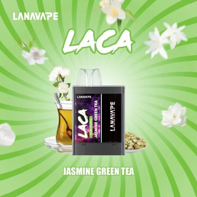 Lana Laca 5500 Puffs Jasmine Green Tea flavor on a green gradient color background