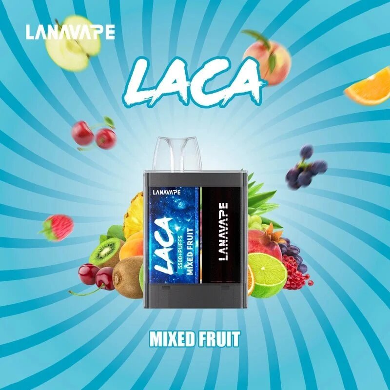 Lana Laca 5500 Puffs Mixed Fruit flavor on a light blue gradient color background