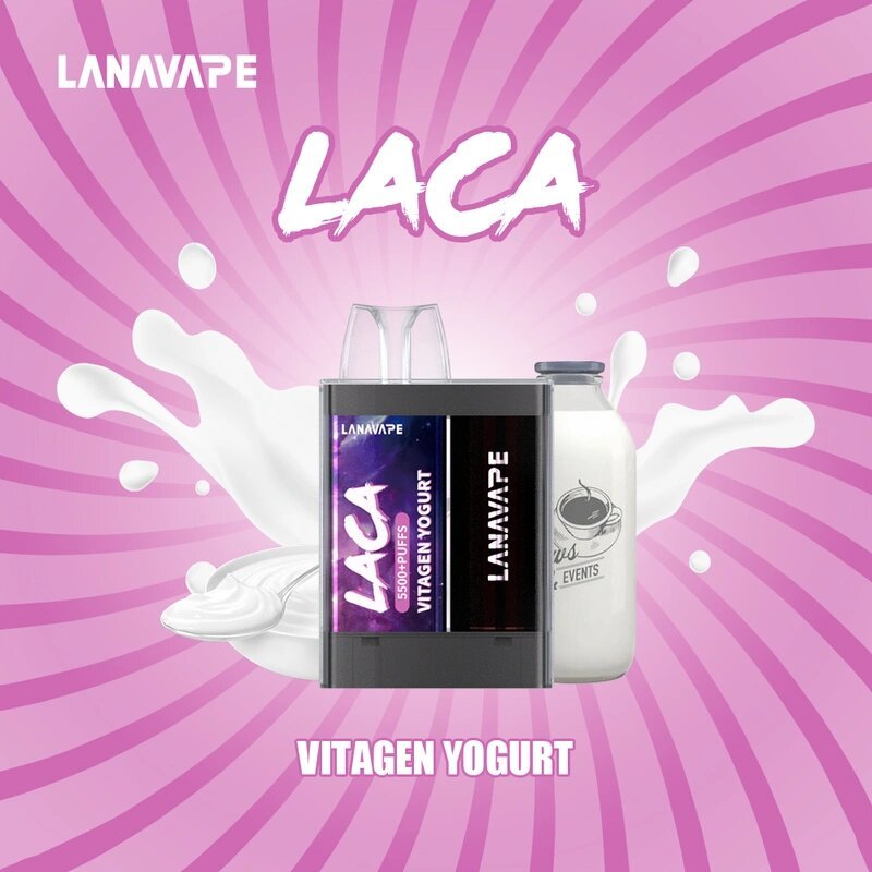 Lana Laca 5500 Puffs Vitagen Yogurt flavor on a pink gradient background