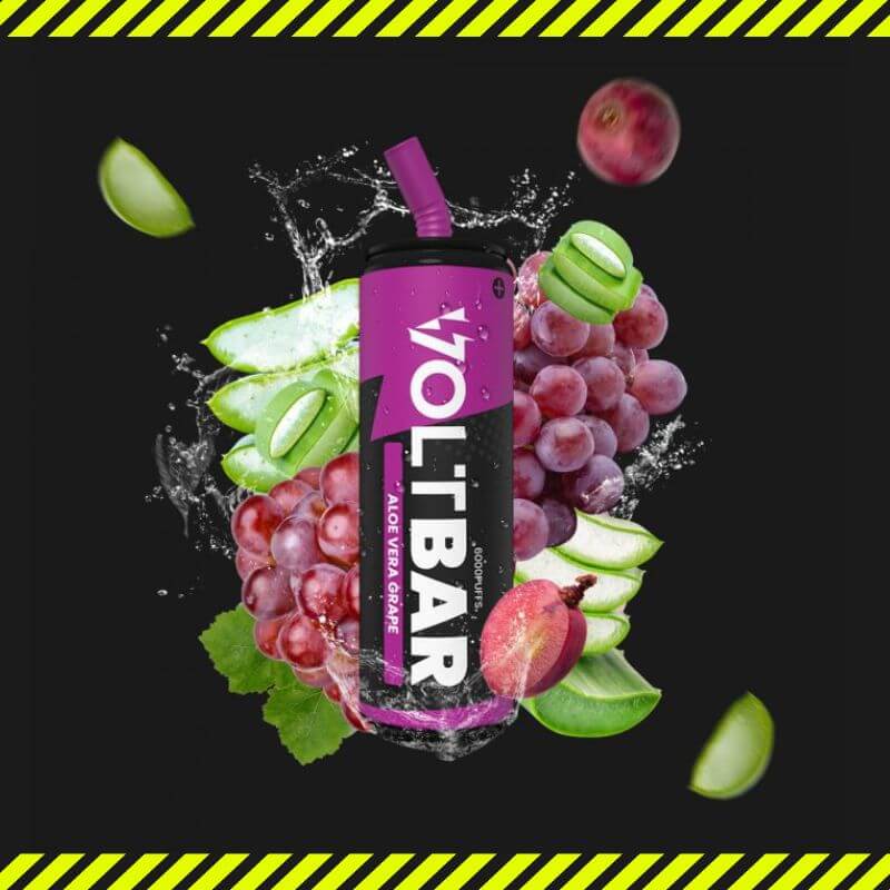 VOLTBAR 6000 Puffs Aloe Vera Grape flavor in a black background and green zebra line at bottom and top