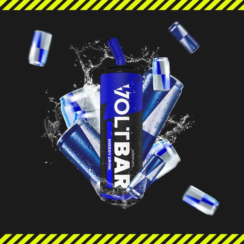 VOLTBAR 6000 Puffs Energy Drink flavor in a black background and green zebra line at bottom and top