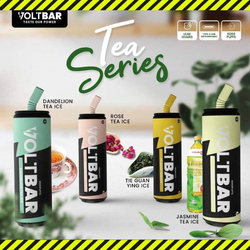 VOLTBAR 6000 Puffs Tea Series flavor in a black background and green zebra line at bottom and top