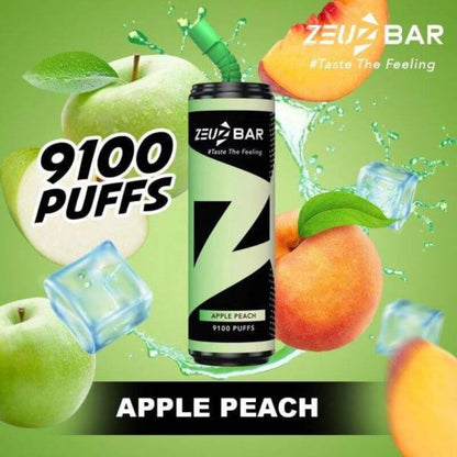 Zeuz Bar 9100 Puffs Apple Peach flavor on green gradient background
