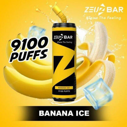 Zeuz Bar 9100 Puffs Banana Ice flavor on yellow gradient background