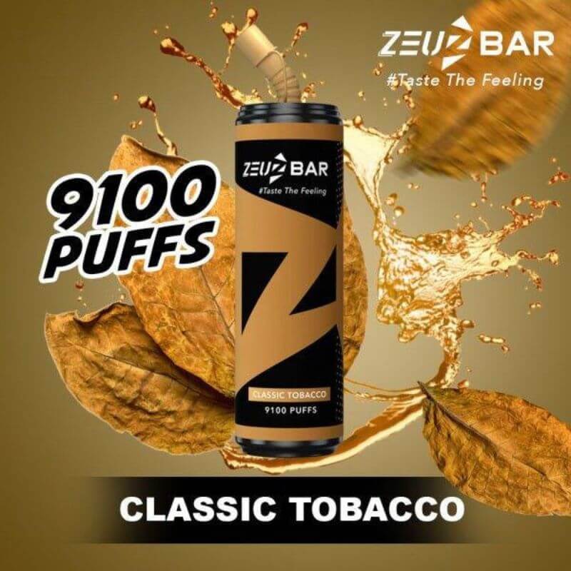 Zeuz Bar 9100 Puffs Classic Tobacco flavor on golden brown background