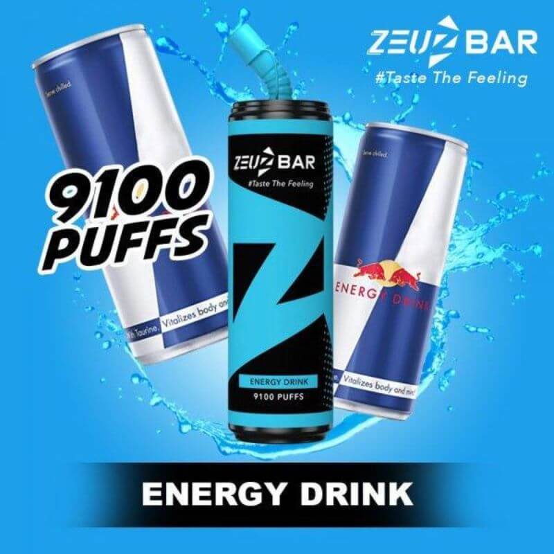 Zeuz Bar 9100 Puffs Energy Drink flavor on blue gradient background