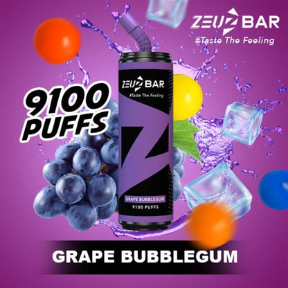 Zeuz Bar 9100 Puffs Grape Bubblegum flavor on purple gradient background