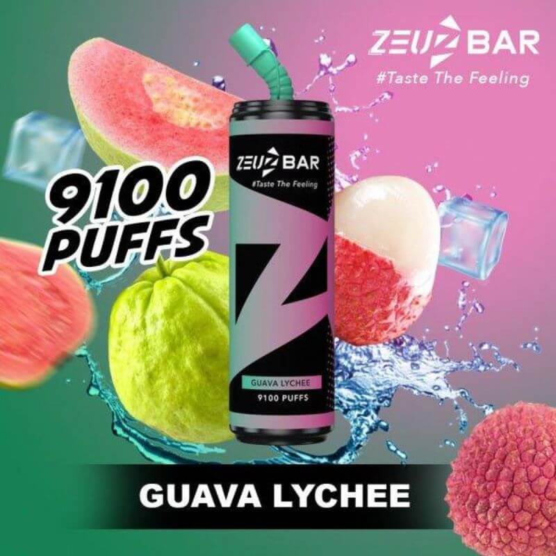 Zeuz Bar 9100 Puffs Guava Lychee flavor on green gradient background