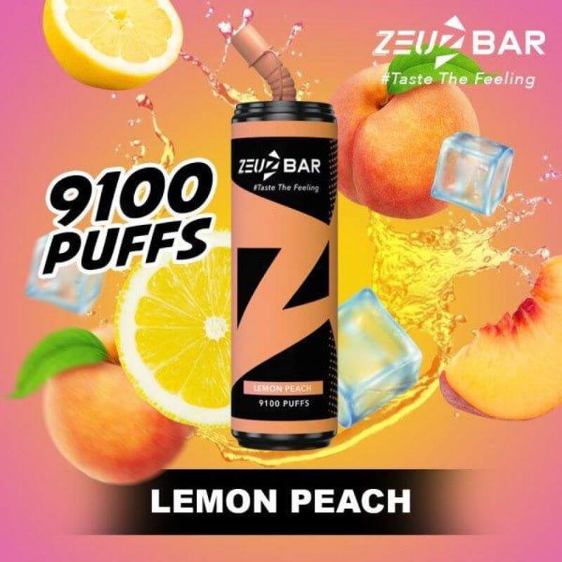 Zeuz Bar 9100 Puffs Lemon Peach flavor on peachy color background