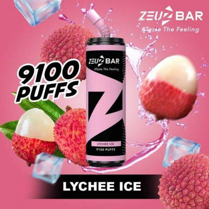 Zeuz Bar 9100 Puffs Lychee Ice flavor on red gradient background 