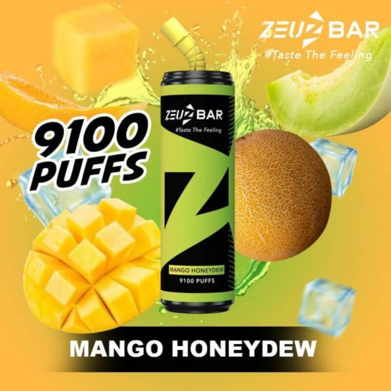 Zeuz Bar 9100 Puffs Mango Honeydew flavor on yellow gradient background