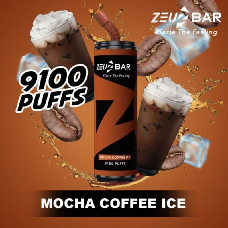 Zeuz Bar 9100 Puffs Mocha Coffee Ice flavor on brown gradient background