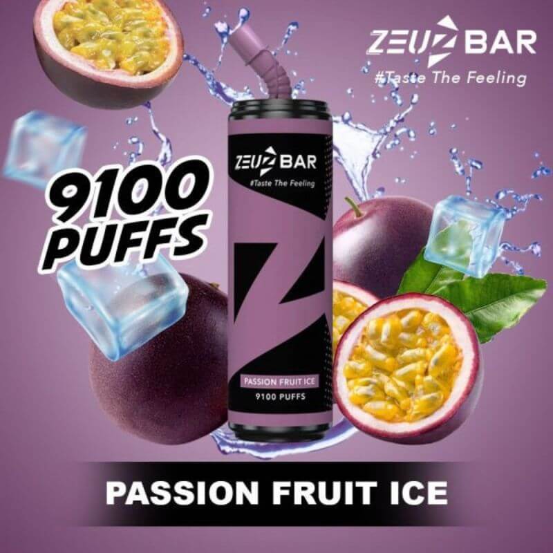 Zeuz Bar 9100 Puffs Passion Fruit Ice flavor on purple gradient background