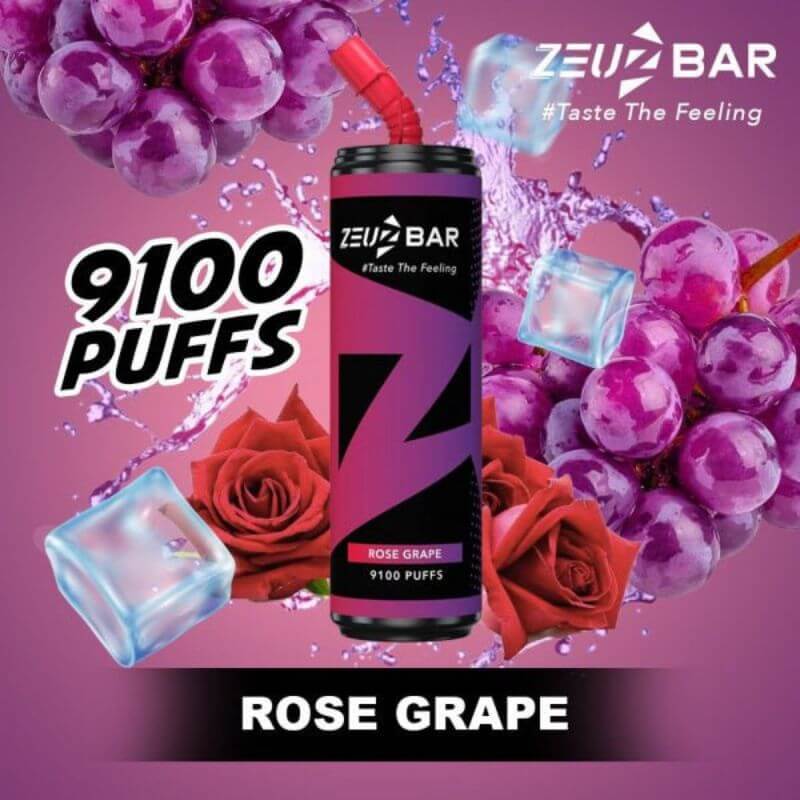 Zeuz Bar 9100 Puffs Rose Grape flavor on purple gradient background