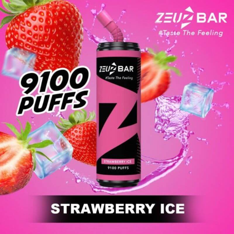 Zeuz Bar 9100 Puffs Strawbery Ice flavor on pink gradient background