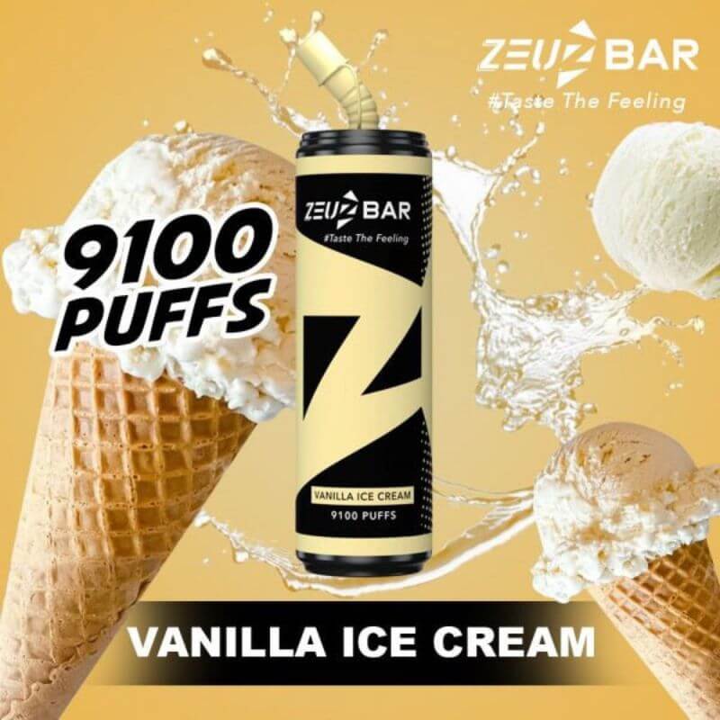 Zeuz Bar 9100 Puffs Vanilla Ice Cream flavor on yellow gradient background