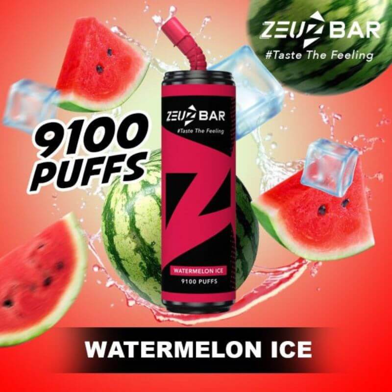Zeuz Bar 9100 Puffs Watermelon Ice flavor on red gradient background